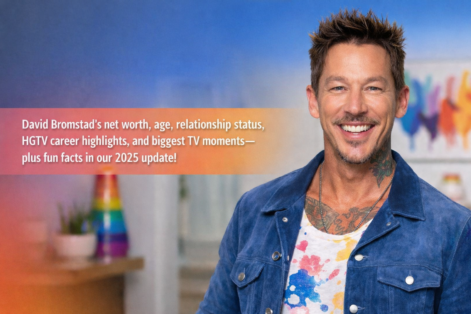 David Bromstad smiling in a blue jacket, with a text overlay about his net worth, age, relationship status, and HGTV career (2025 update)