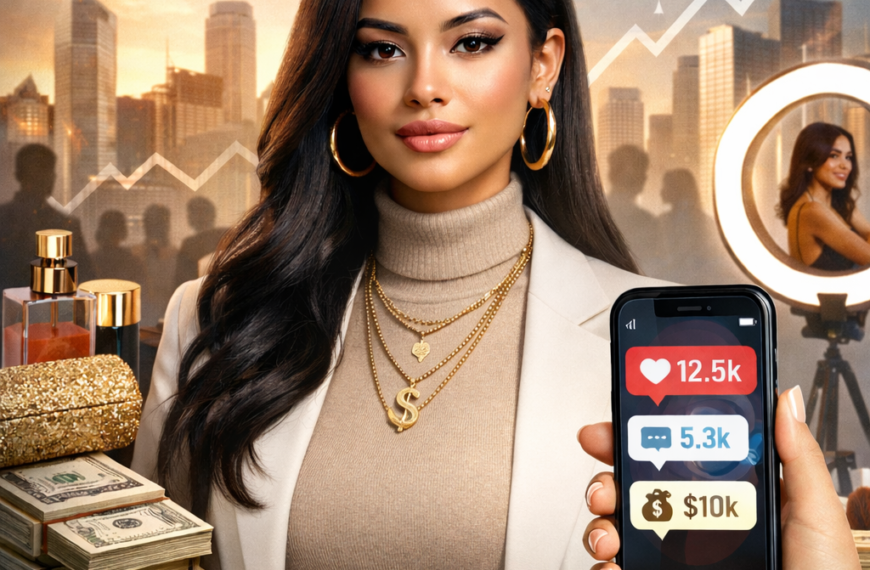Baddies culture concept image of a confident woman in a blazer and turtleneck holding a phone with social media stats, with luxury items and a city skyline in the background.