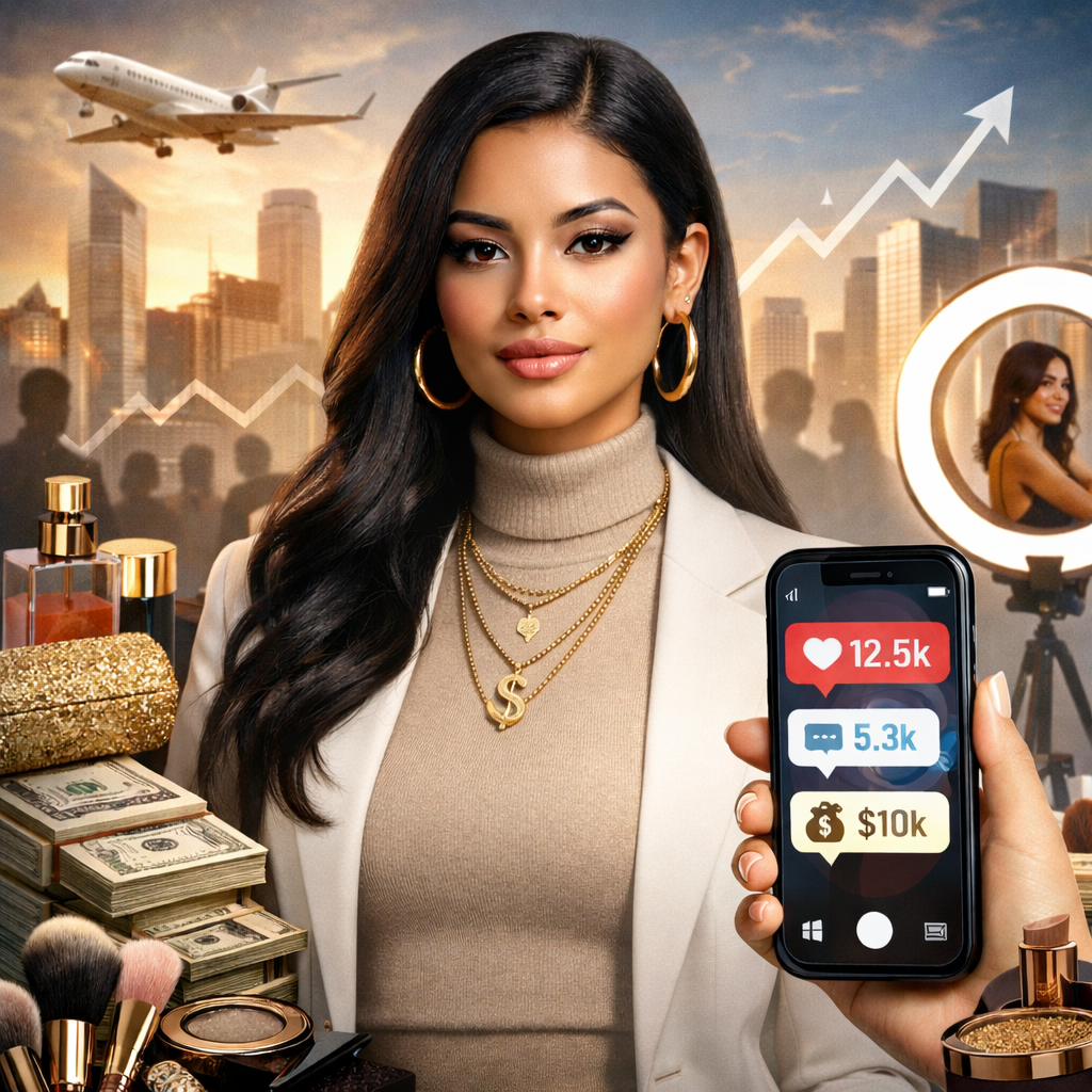 Baddies culture concept image of a confident woman in a blazer and turtleneck holding a phone with social media stats, with luxury items and a city skyline in the background.