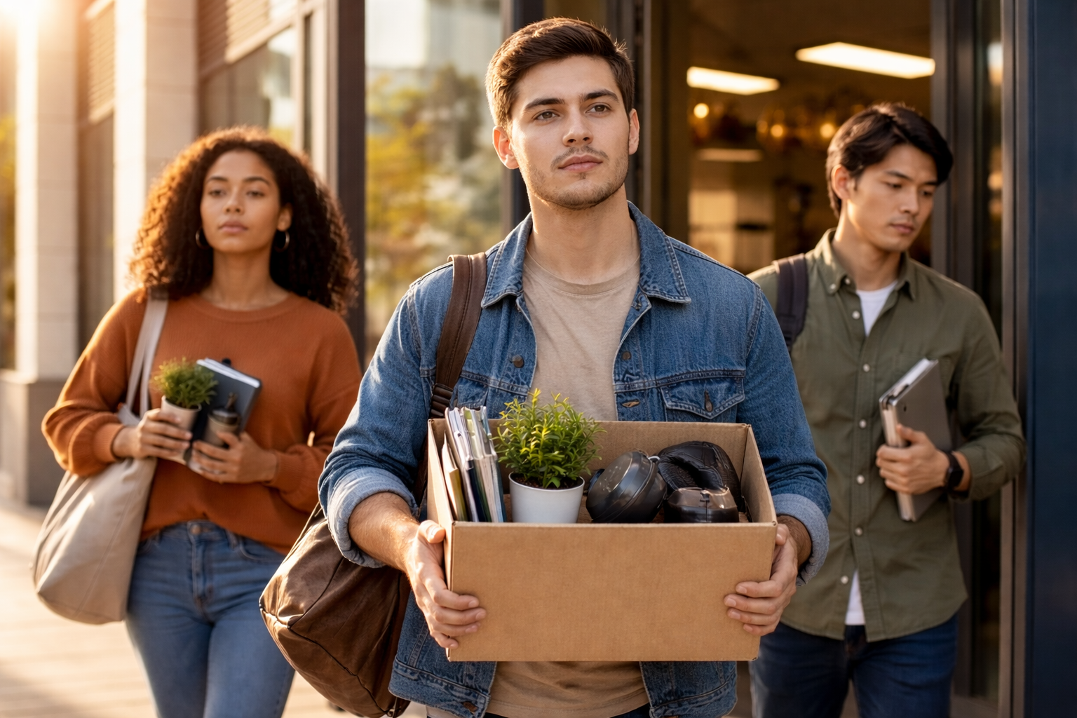 Young employees walking out of an office with personal belongings in a cardboard box, symbolizing workplace turnover and quitting.”