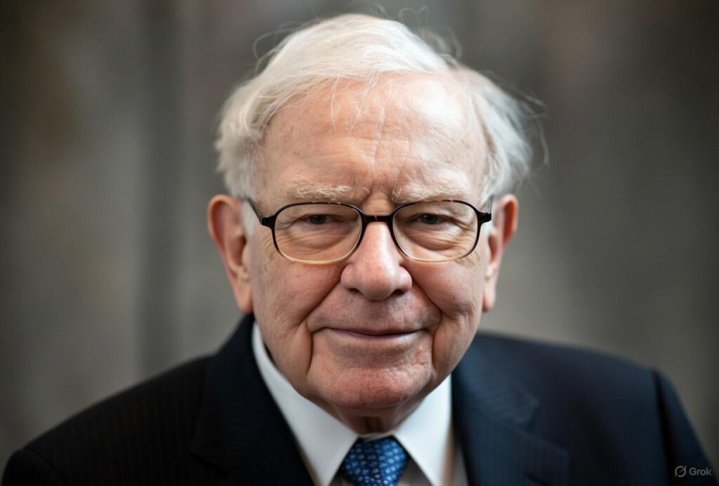 Smiling elderly businessman in a gray suit and red tie, wearing glasses—portrait image for a Warren Buffett wealth playbook article.