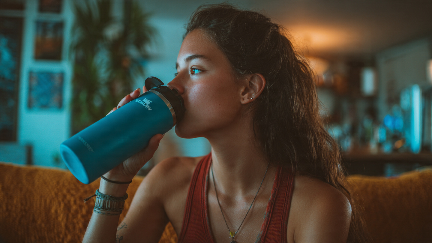 Woman drinking from a Stanley water bottle while relaxing indoors, highlighting the bottle’s stylish design and everyday lifestyle appeal.