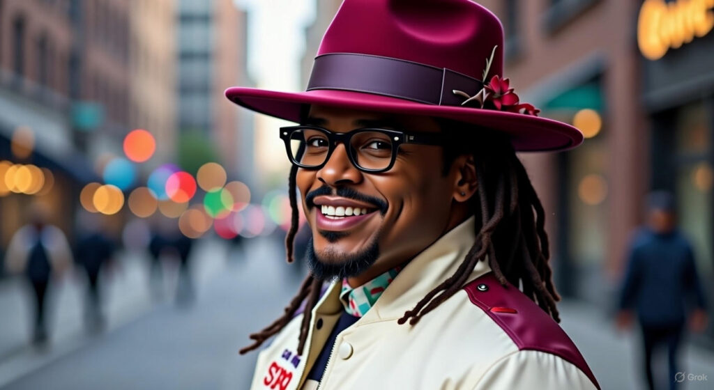 Stylized portrait of Cam Newton smiling on a city street, wearing a burgundy wide-brim hat with floral detail, black glasses, and long dreadlocks, with blurred lights in the background.