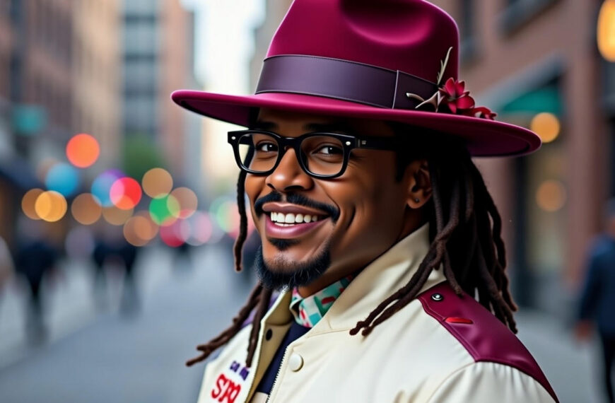 Stylized portrait of Cam Newton smiling on a city street, wearing a burgundy wide-brim hat with floral detail, black glasses, and long dreadlocks, with blurred lights in the background.