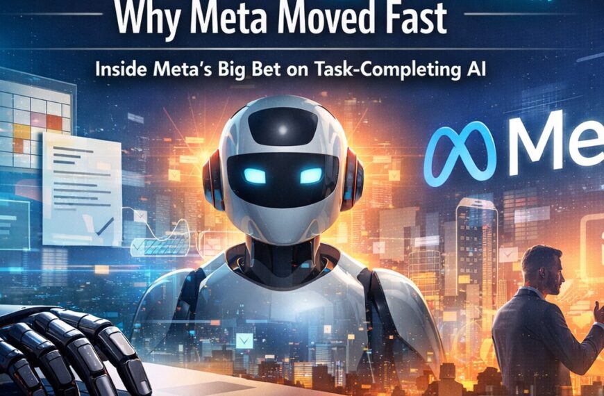 Manus AI illustration showing a done-for-you agent completing tasks with the Meta logo and digital checklists.