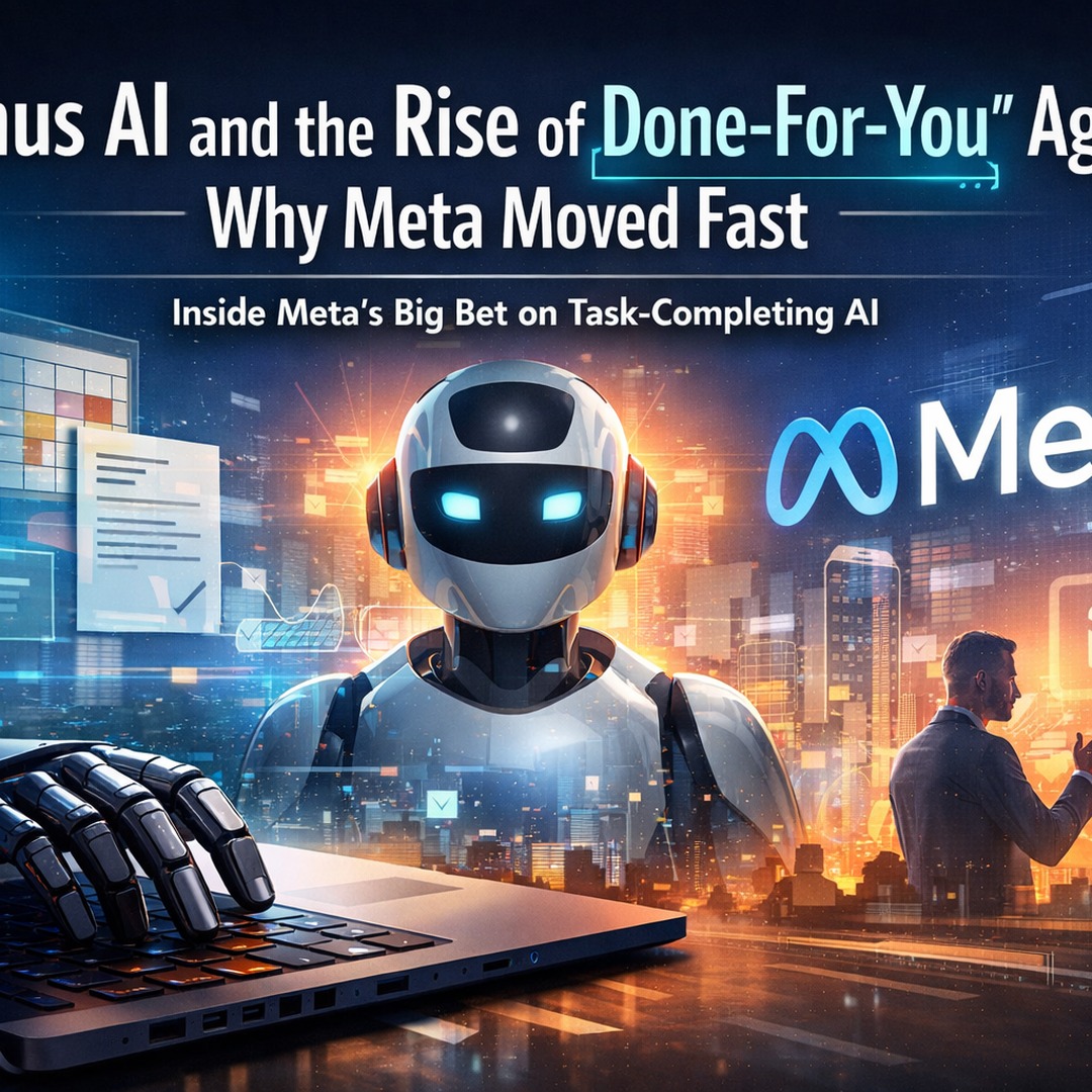 Manus AI illustration showing a done-for-you agent completing tasks with the Meta logo and digital checklists.