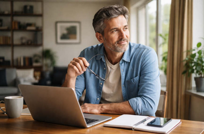 Middle-aged man in a sunlit home office sits at a desk with a laptop and notebook, holding glasses and looking thoughtfully out the window