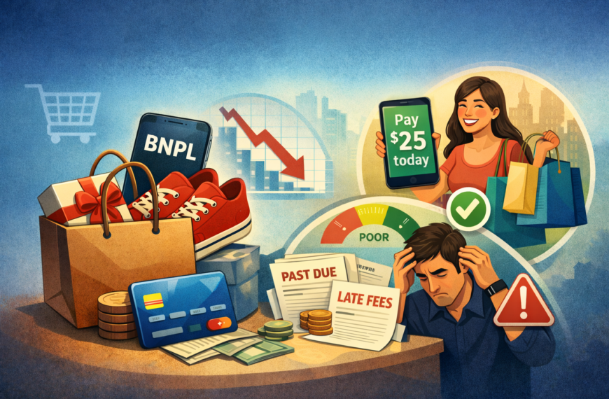 Illustration of buy now, pay later: shopping bags and a phone showing a small payment on one side, and a stressed person with past-due bills, late fees, and a poor credit gauge on the other
