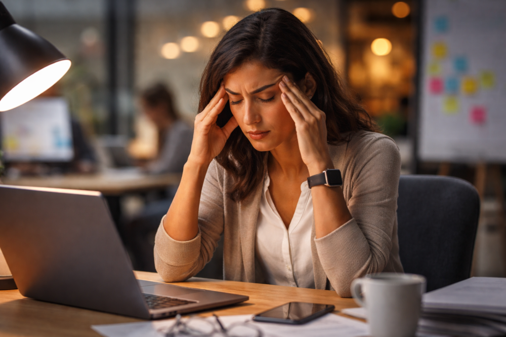 Why Work Feels More Exhausting-A tired office worker holding her temples while sitting at a laptop in a modern workspace, showing mental fatigue and work exhaustion.