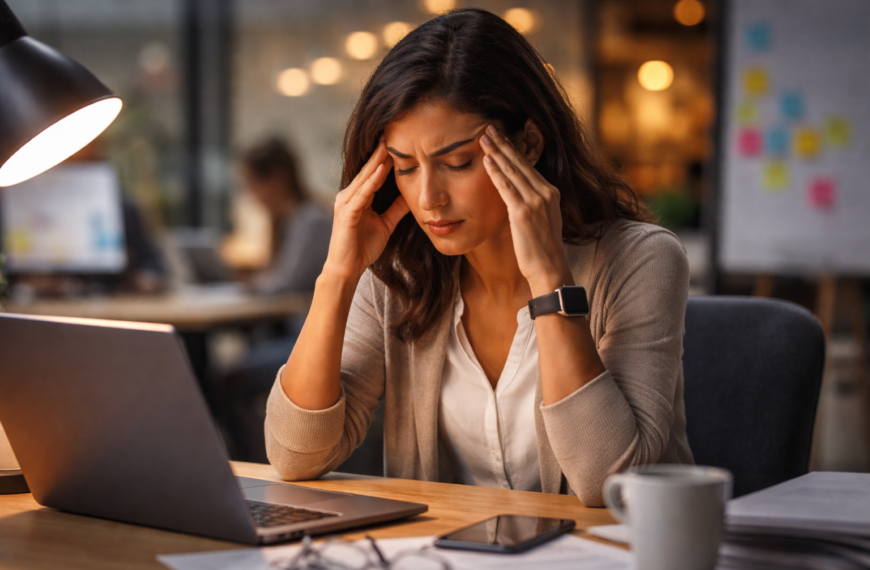 A tired office worker holding her temples while sitting at a laptop in a modern workspace, showing mental fatigue and work exhaustion.