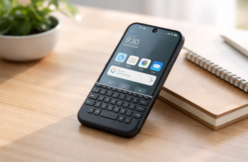 Clicks Communicator keyboard phone on a desk, designed to reduce doomscrolling and support focused communication