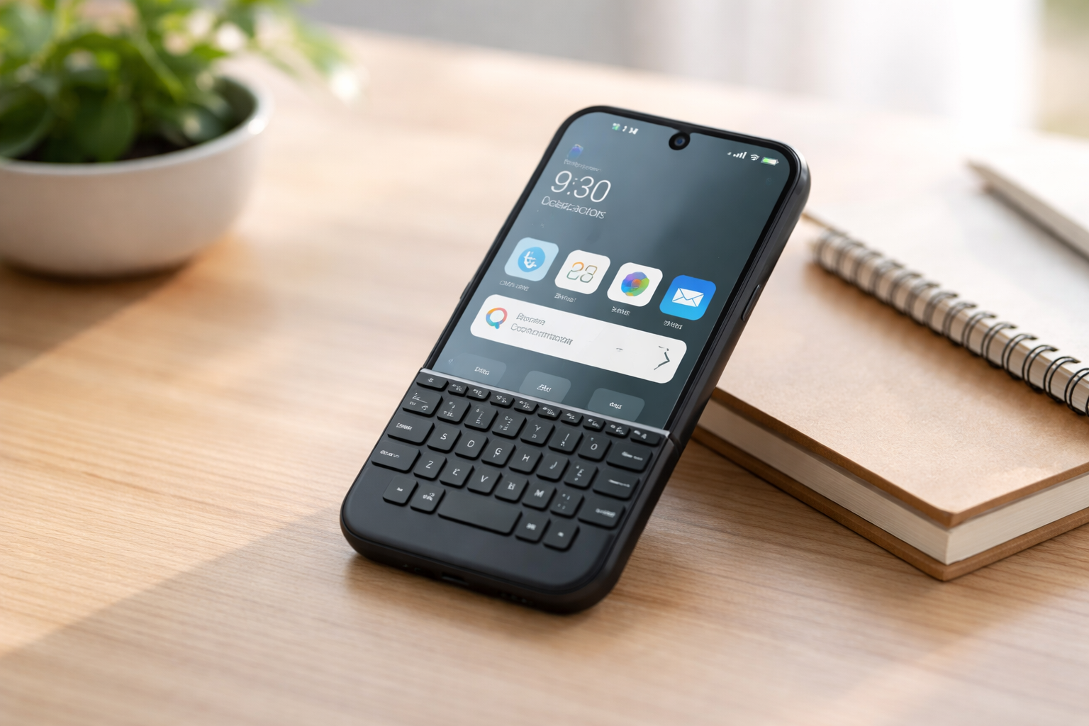 Clicks Communicator keyboard phone on a desk, designed to reduce doomscrolling and support focused communication