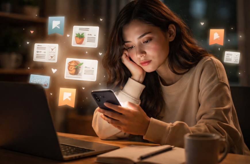 Gen Z bookmarks everything—young woman scrolling on phone at night with floating bookmark icons, showing saved posts anxiety and digital clutter from information overload.