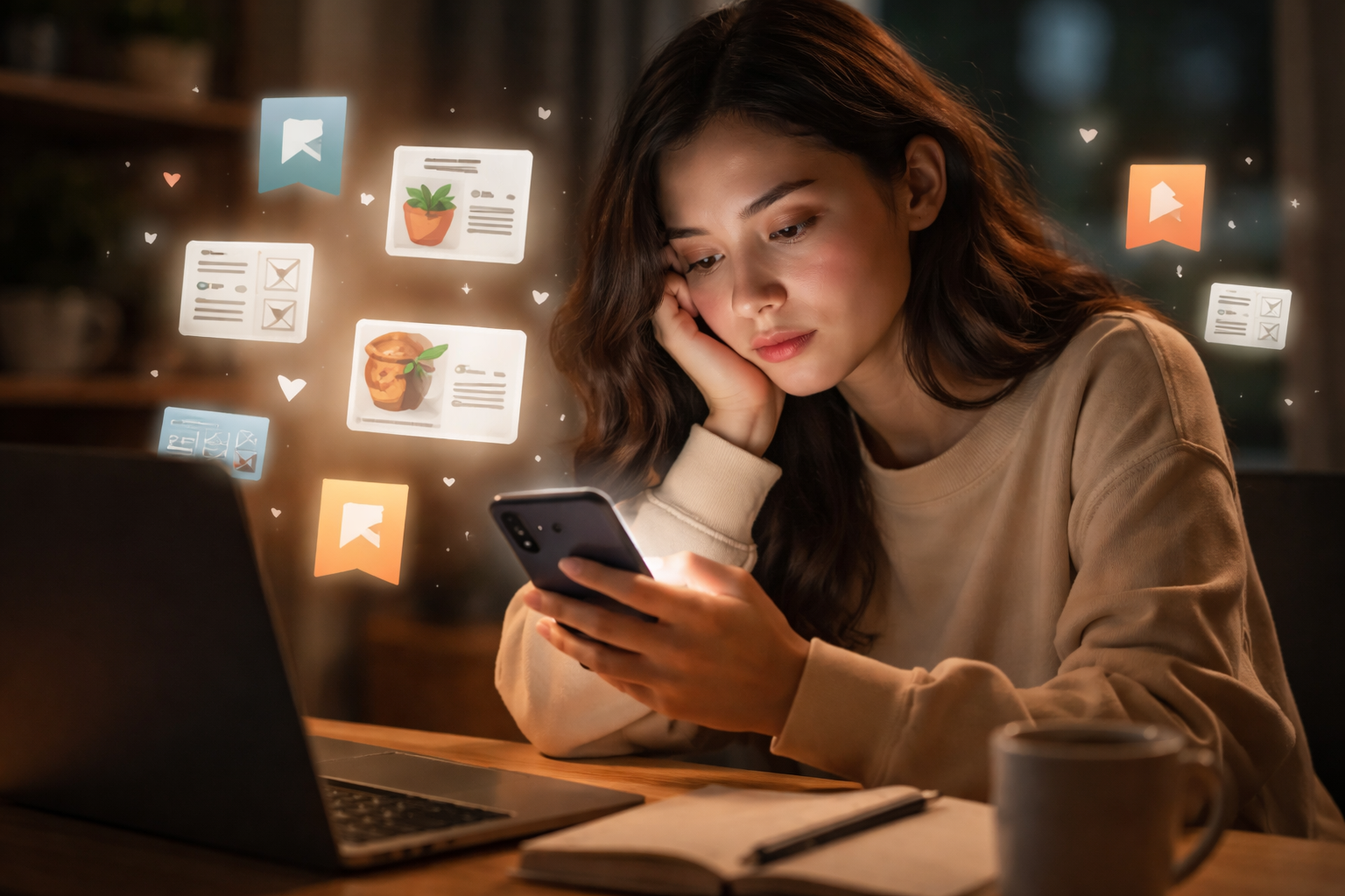 Gen Z bookmarks everything—young woman scrolling on phone at night with floating bookmark icons, showing saved posts anxiety and digital clutter from information overload.