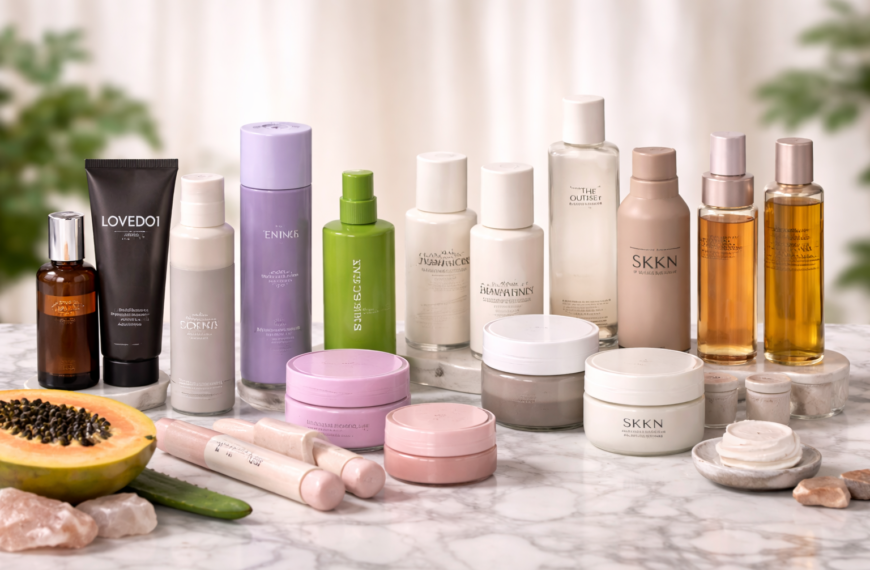 Assorted celebrity beauty brands skincare products arranged on a marble table, including cleansers, serums, moisturizers, and body care in luxury packaging