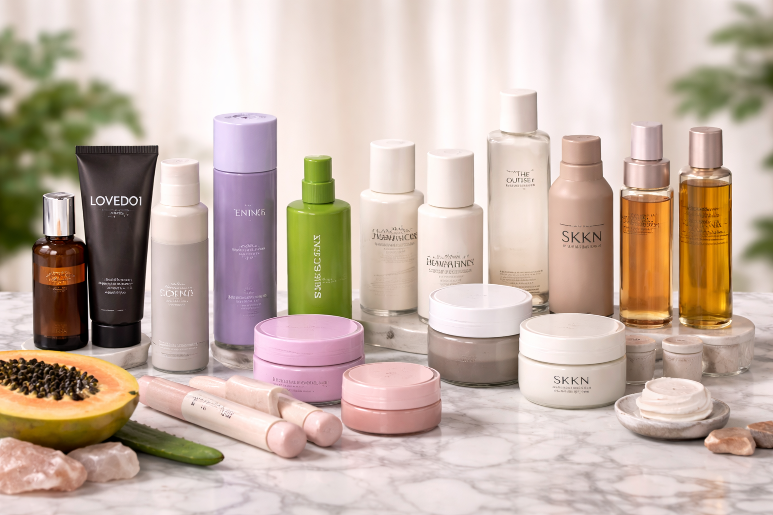 Assorted celebrity beauty brands skincare products arranged on a marble table, including cleansers, serums, moisturizers, and body care in luxury packaging