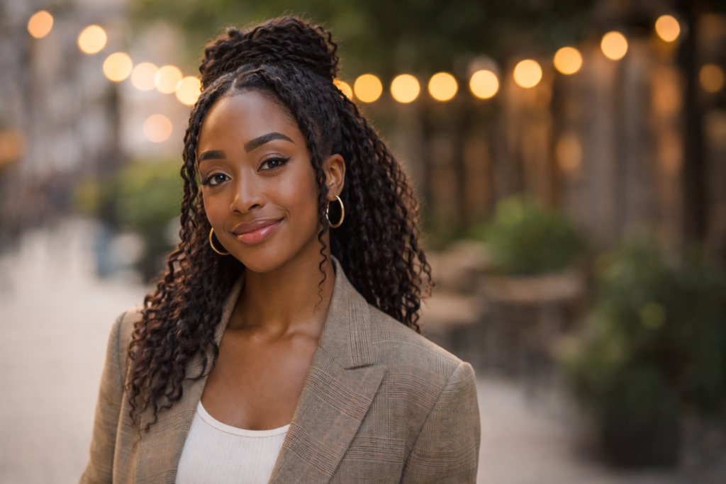 Ayo Edebiri standing outdoors during golden hour, wearing a neutral blazer and hoop earrings, with a soft blurred background and confident expression