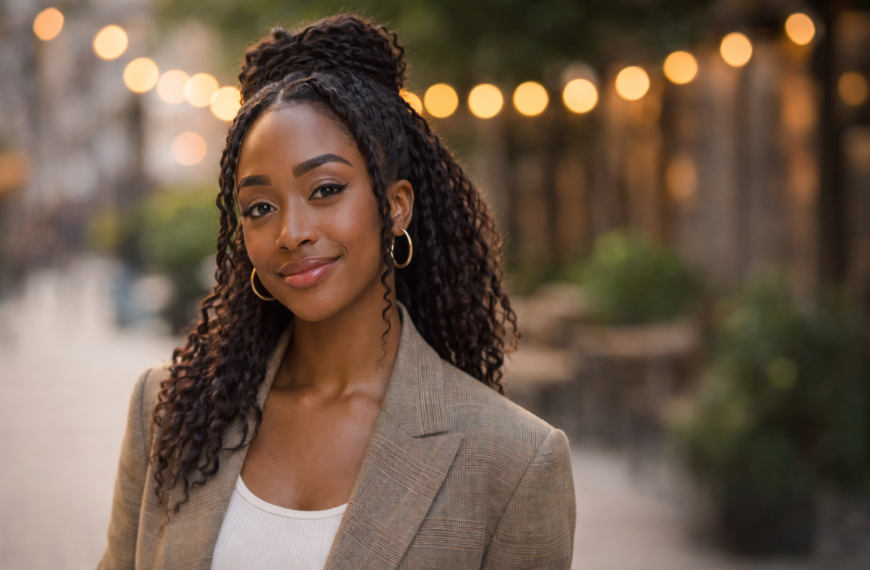 Ayo Edebiri standing outdoors during golden hour, wearing a neutral blazer and hoop earrings, with a soft blurred background and confident expression