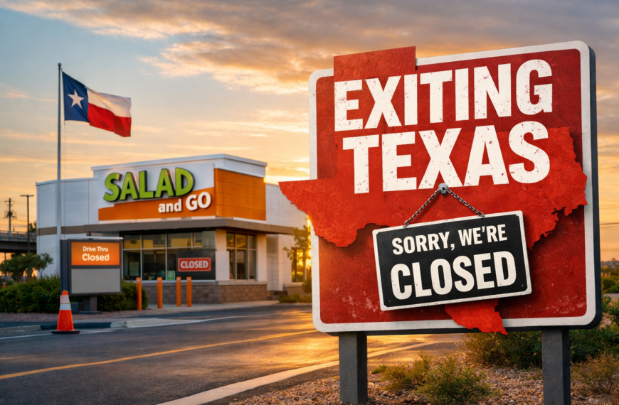 Salad and Go drive-thru restaurant in Texas at sunset with a Texas flag in the background and a large “Closed” sign symbolizing the chain’s exit from the state