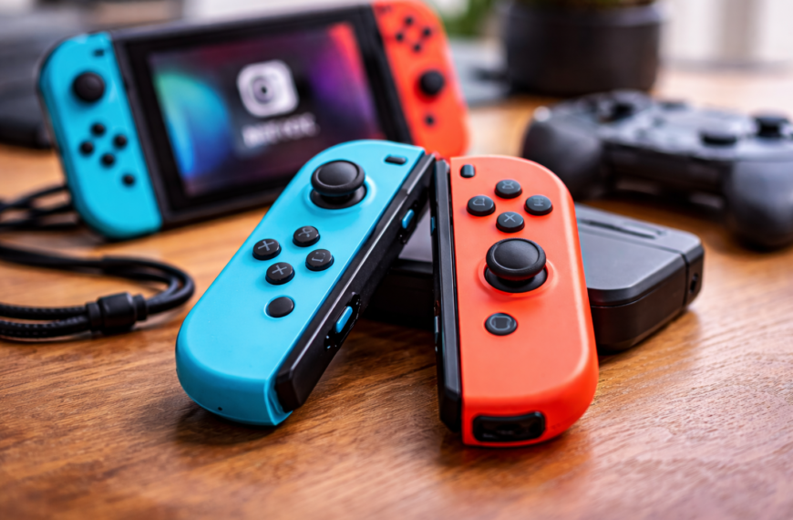 Close-up of Nintendo Switch Joy-Con controllers (neon blue and neon red) on a wooden table, with a blurred Switch console and game controller in the background.