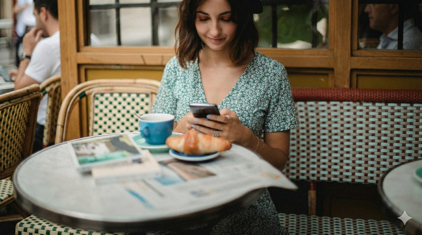 Phone Notifications Are Hijacking Your Attention. A young woman wearing a dark beret and a green floral dress looks down at her smartphone while sitting at an outdoor cafe. In the foreground, a blue coffee cup and a fresh croissant sit on a marble-topped table, with blurry cafe chairs and other patrons in the background.