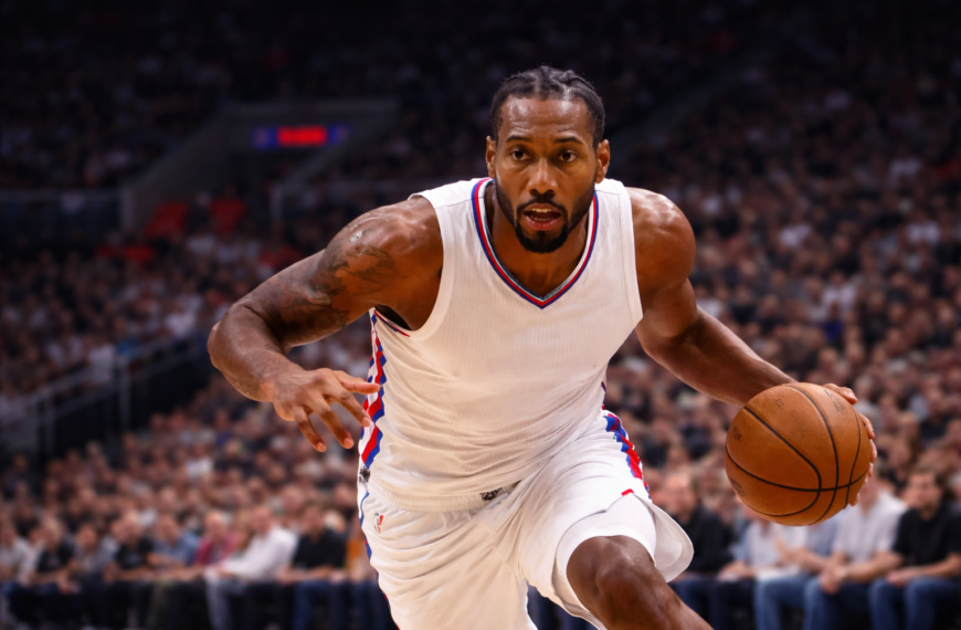Kawhi Leonard driving with the ball in a packed arena during the NBA playoffs