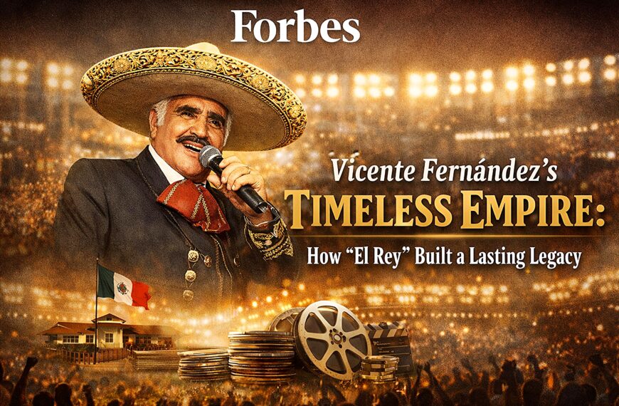 Vicente Fernández performing in a charro suit on a stadium stage, featured on a “Timeless Empire” legacy graphic in 16:9 format.