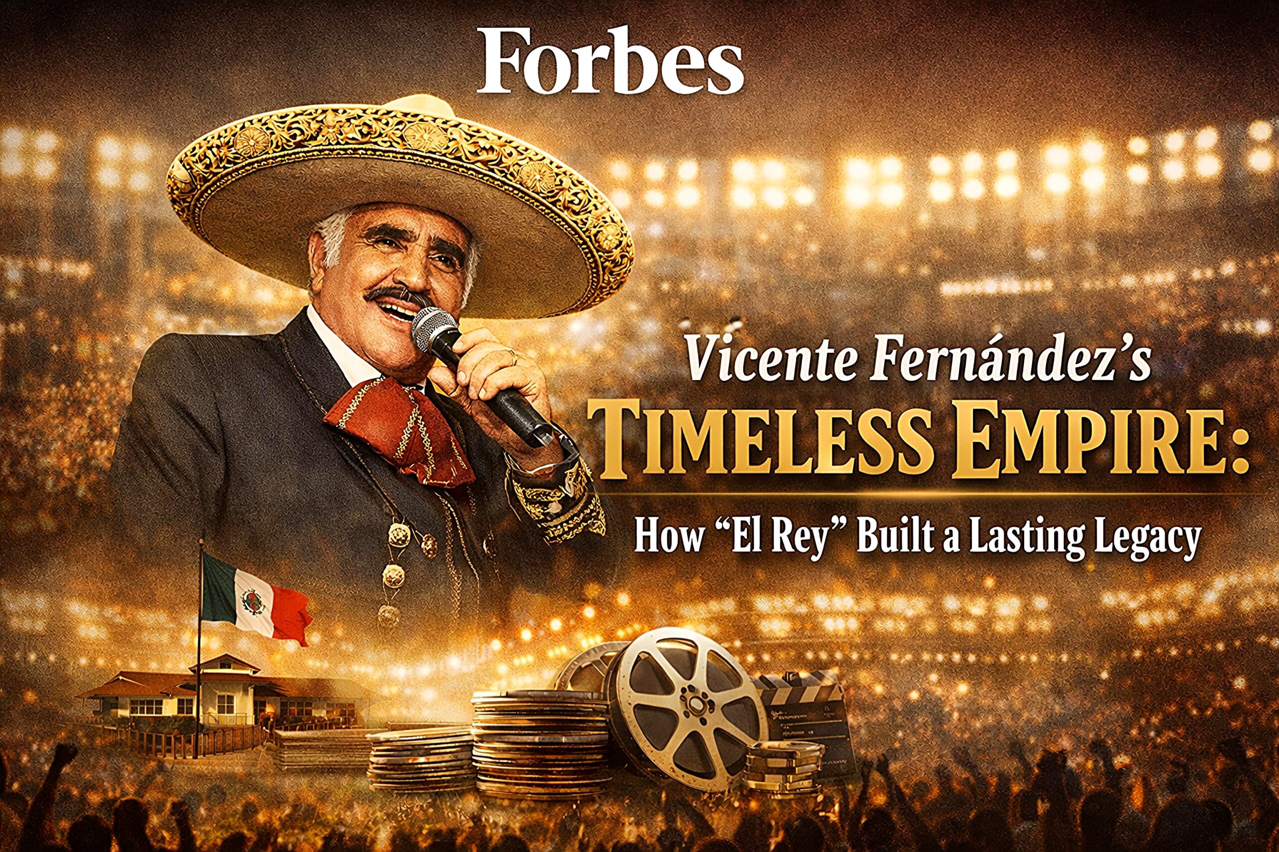 Vicente Fernández performing in a charro suit on a stadium stage, featured on a “Timeless Empire” legacy graphic in 16:9 format.