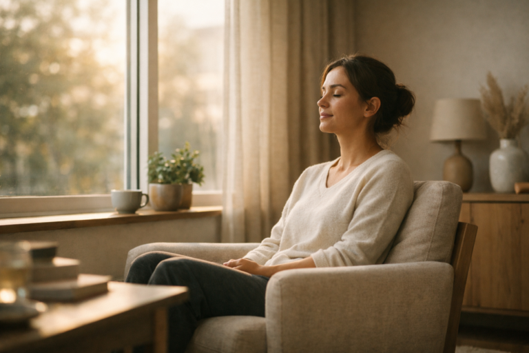 The Quiet Habit That Improves Focus, According to Psychology. Person sitting quietly near a window in a calm room, representing silence and mental focus.