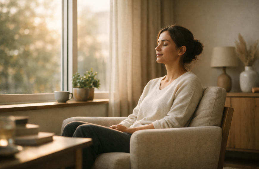 The Quiet Habit That Improves Focus, According to Psychology. Person sitting quietly near a window in a calm room, representing silence and mental focus.