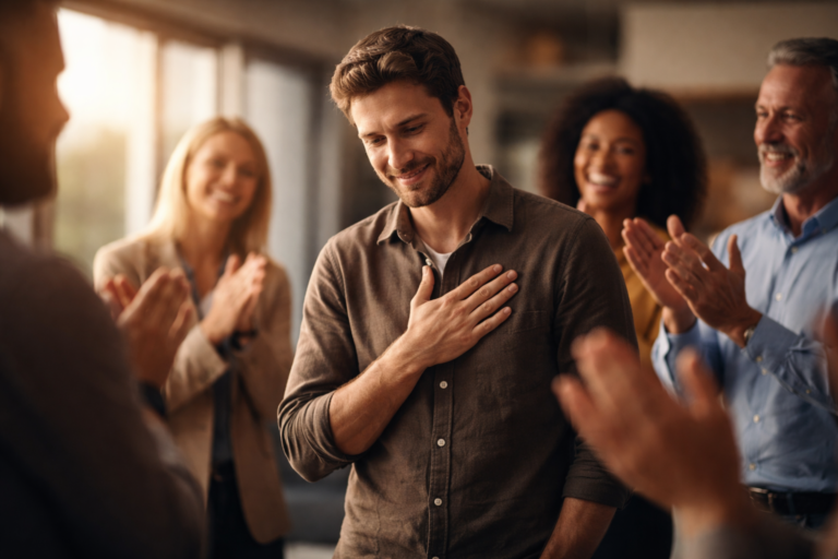 Person humbly receiving applause from coworkers representing late praise psychology and emotional validation