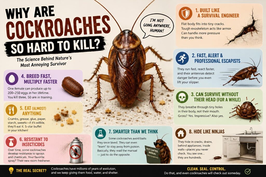 why cockroaches are so hard to kill, showing a large cockroach surrounded by facts about their tough exoskeleton, fast movement, rapid breeding, ability to survive without a head, insecticide resistance, smart bait avoidance, and hiding habits.