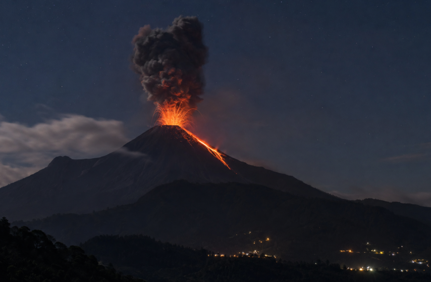 Guatemala’s Fuego volcano releasing a tall ash plume above its steep slopes