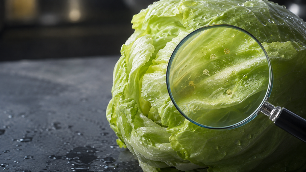 Fresh iceberg lettuce under a magnifying glass revealing microscopic Cyclosporiasis parasites hidden within the leaf folds
